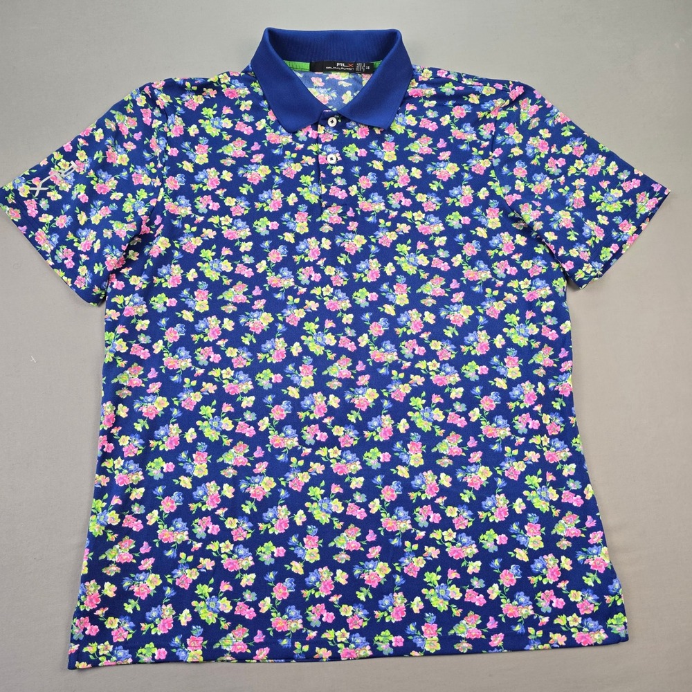 Ralph Lauren RLX Navy Pink Green Floral Performance Golf Polo - L
